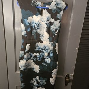 NWOT / Calvin Klein Black / Dark Green Floral Pattern Dress / Sz 6 / 39" Long